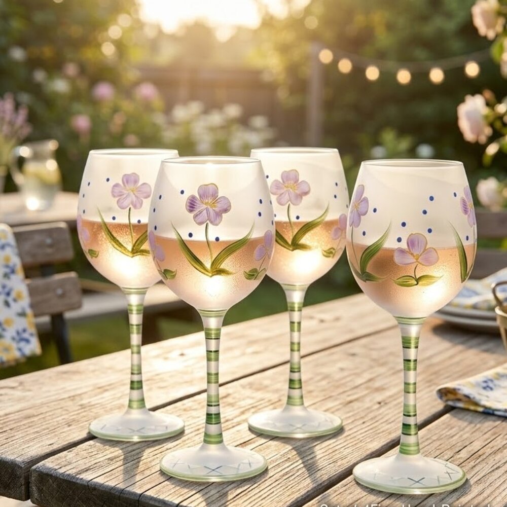 Flora Hand Painted Wine Glass Floral NEW Set of 4 VTG European Summer Coastal